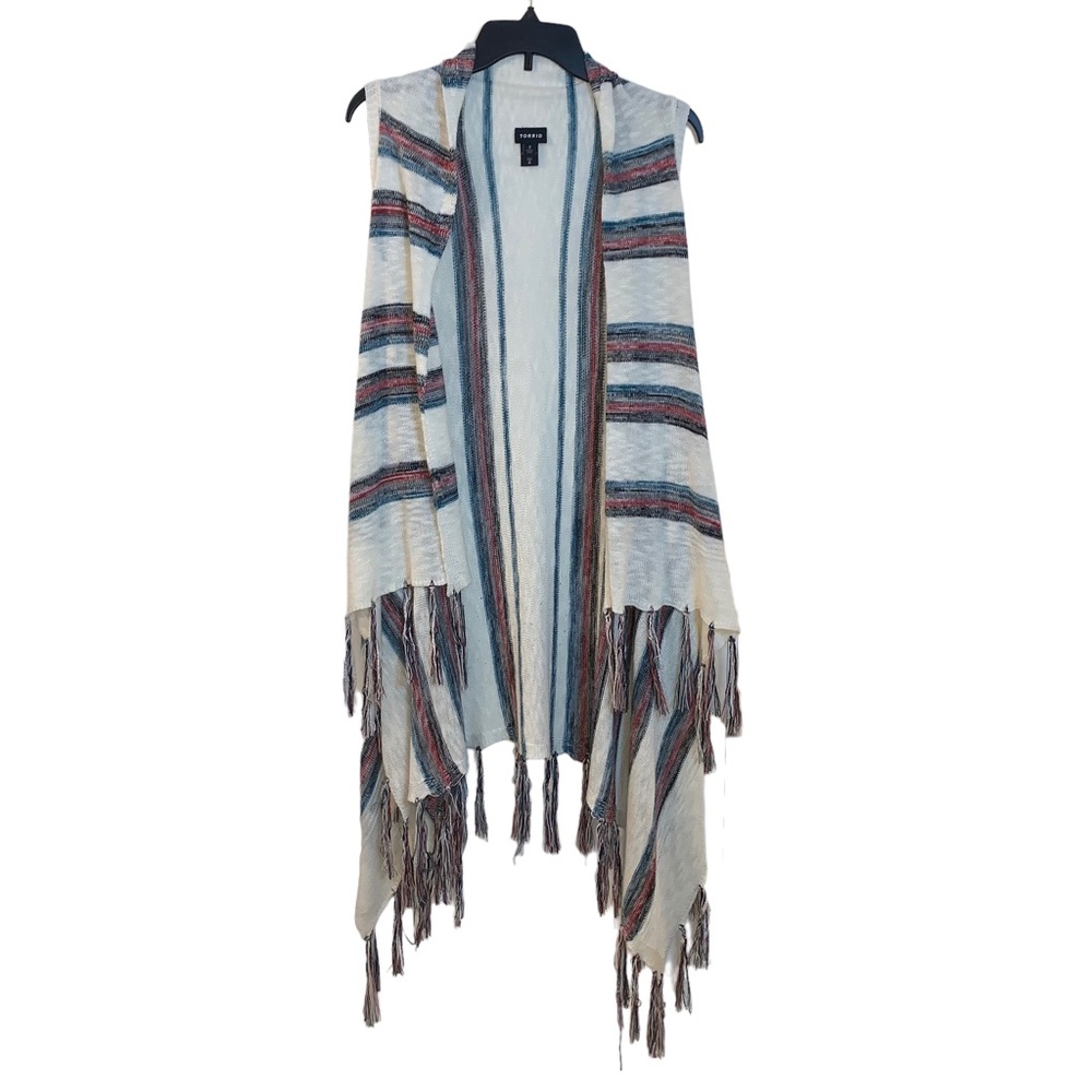 Torrid Beige Striped Sleeveless Cardigan With Fringe Bottom Size 0